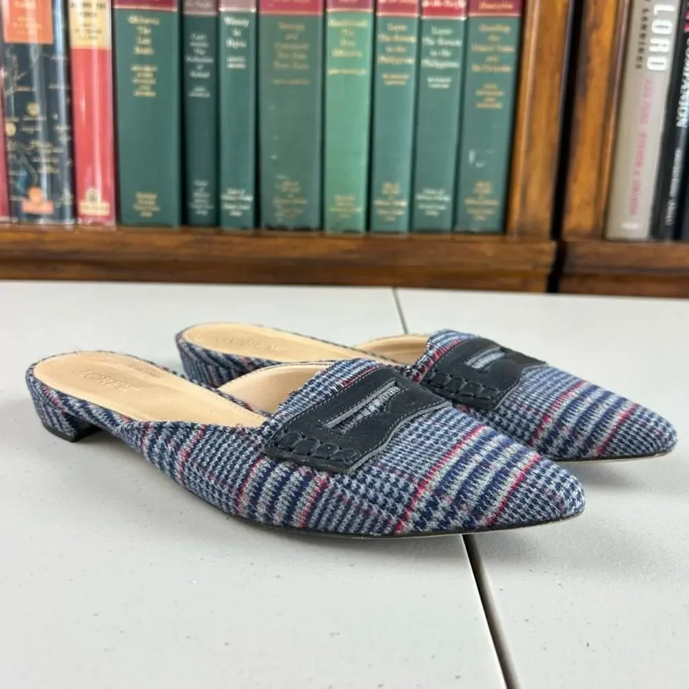 J. Crew Plaid Tweed Slip On Pointed Toe Cloth and Leather Flats Sz 6.5 MSRP $198